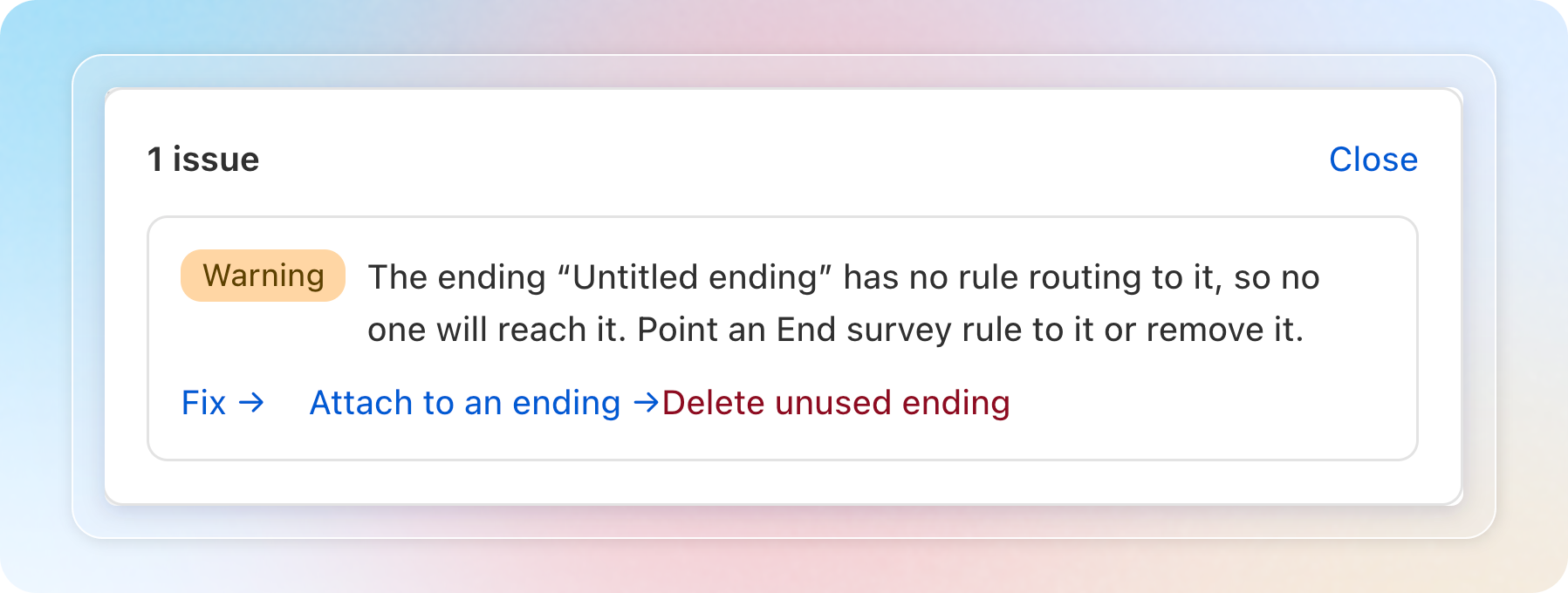 The Issues panel with an unused ending warning and its quick fixes