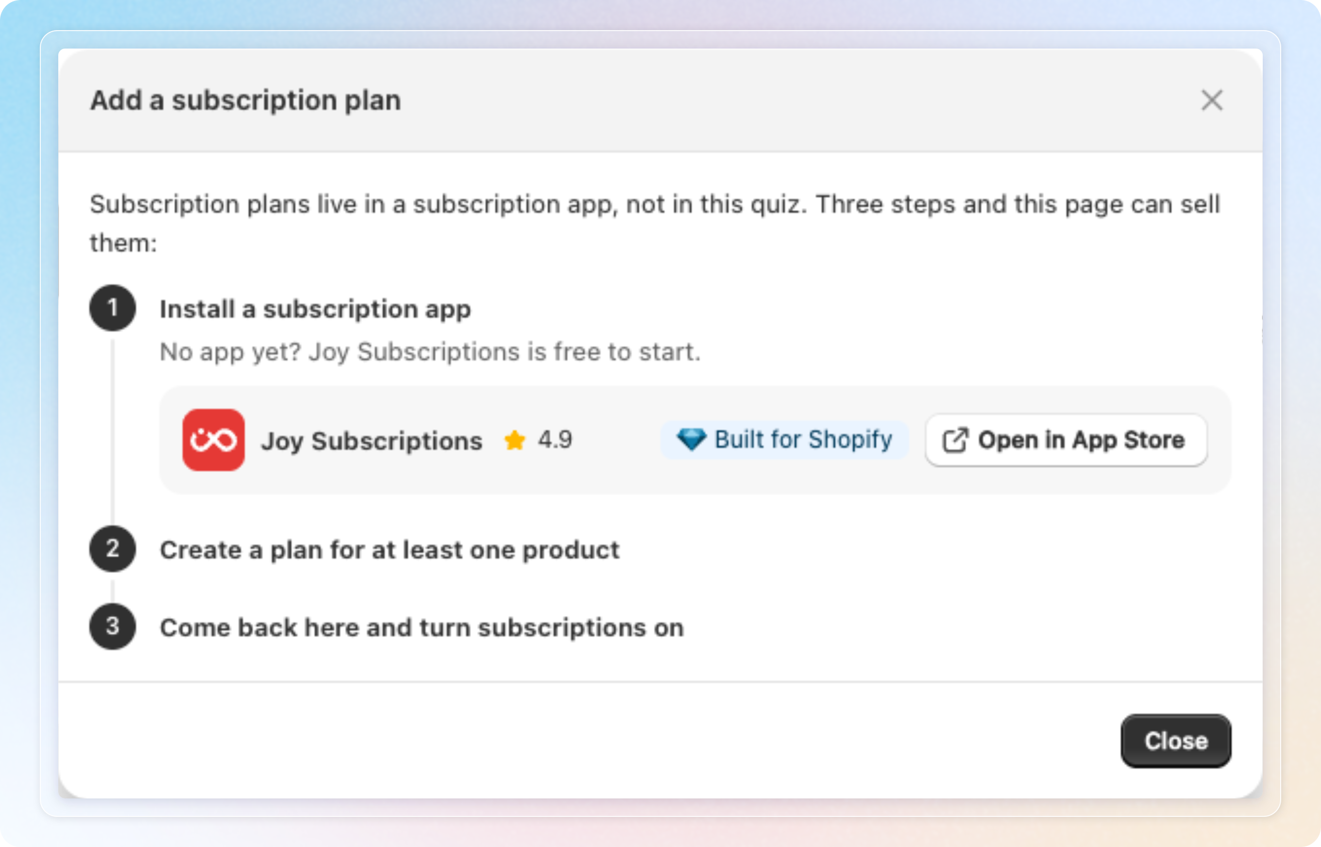 The Add a subscription plan guide with its three steps