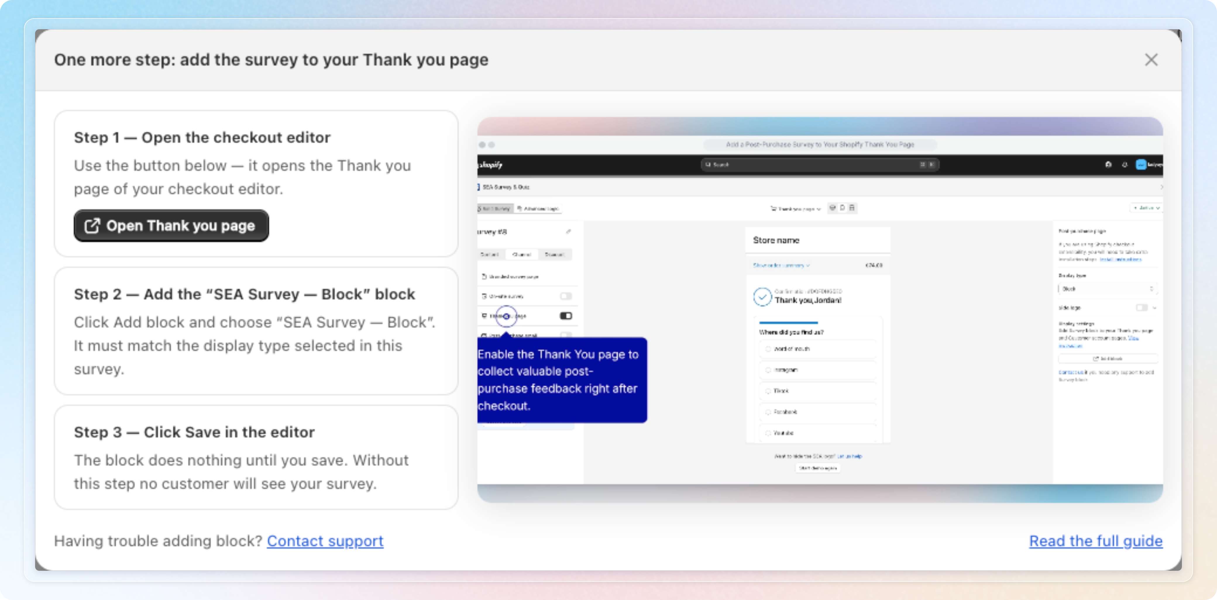 Thank you page guide with three steps: open the checkout editor, add the block, click Save