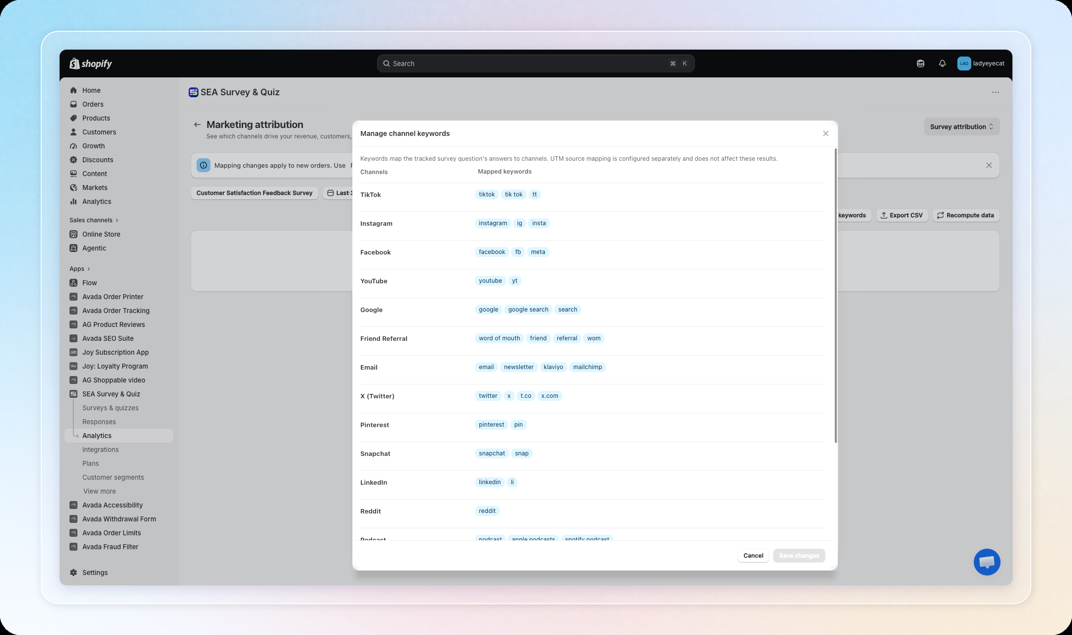 Manage channel keywords modal, listing each channel and its mapped keywords