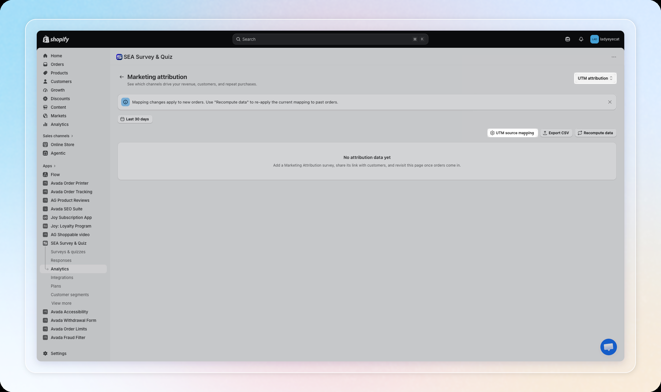 Survey attribution / UTM attribution switcher with the UTM source mapping button