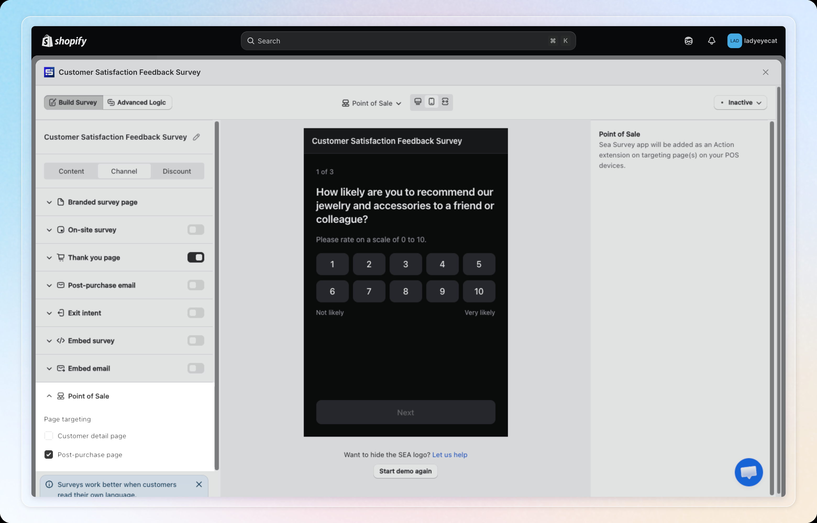 Point of Sale channel panel, showing the dark POS preview and page targeting checkboxes