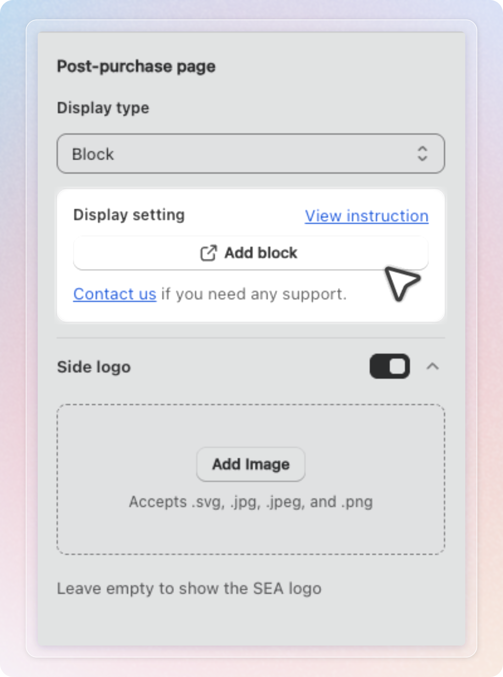 Display setting card with the View instruction link and the Add block button