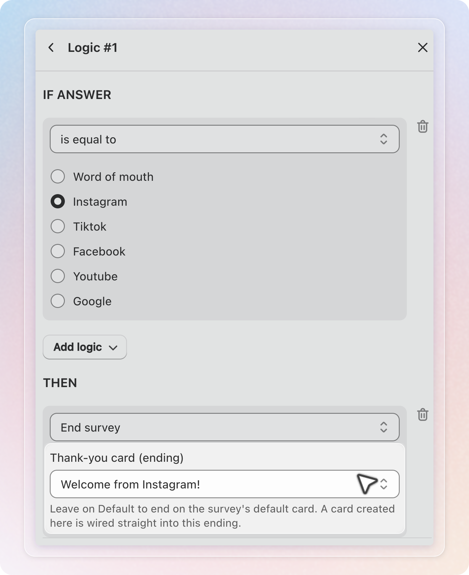 The End survey action with the Thank-you card (ending) list
